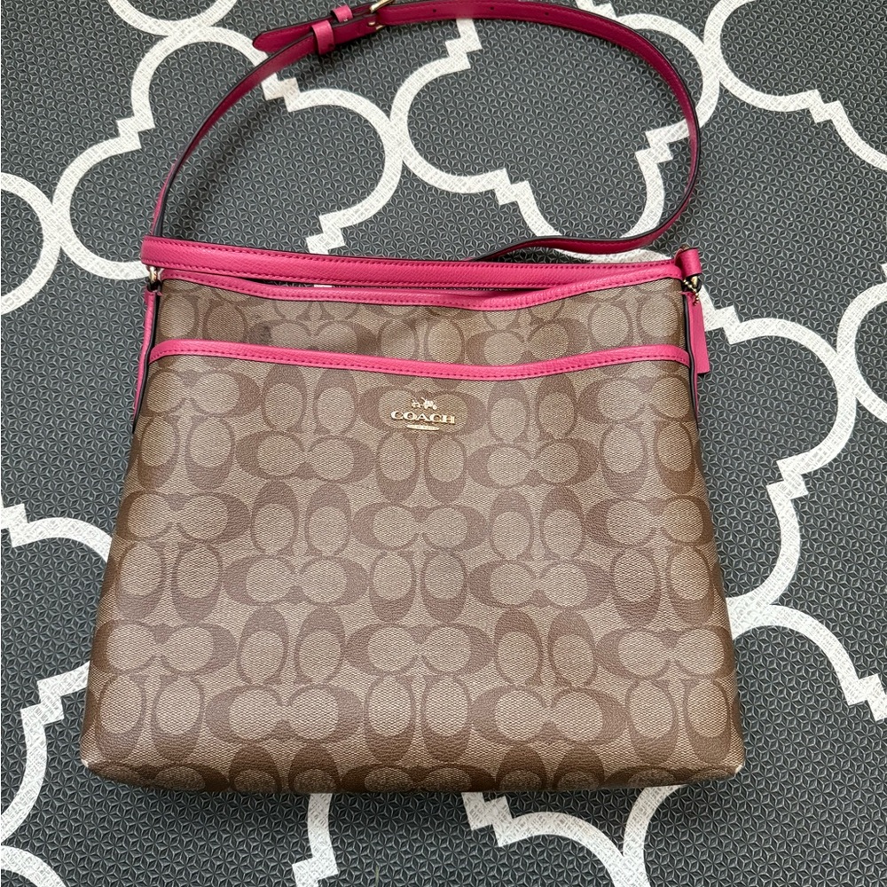 Coach Brown and Pink Crossbody Bag with Signature Monogram